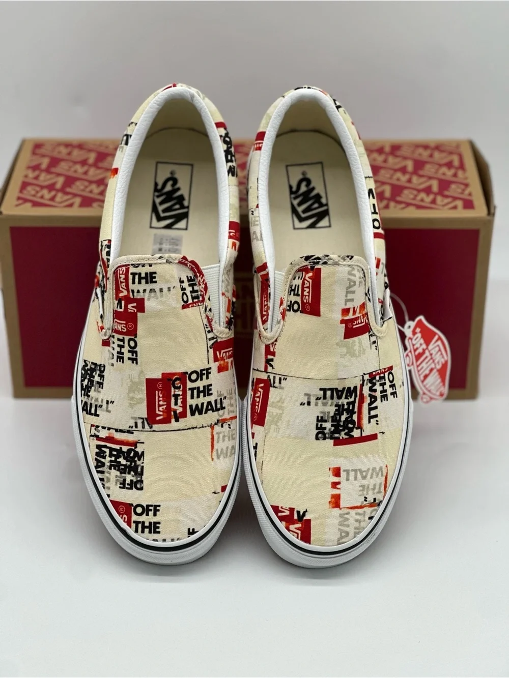 Vans Slip-On Sneakers in Cream, Red & Black Graphic Print